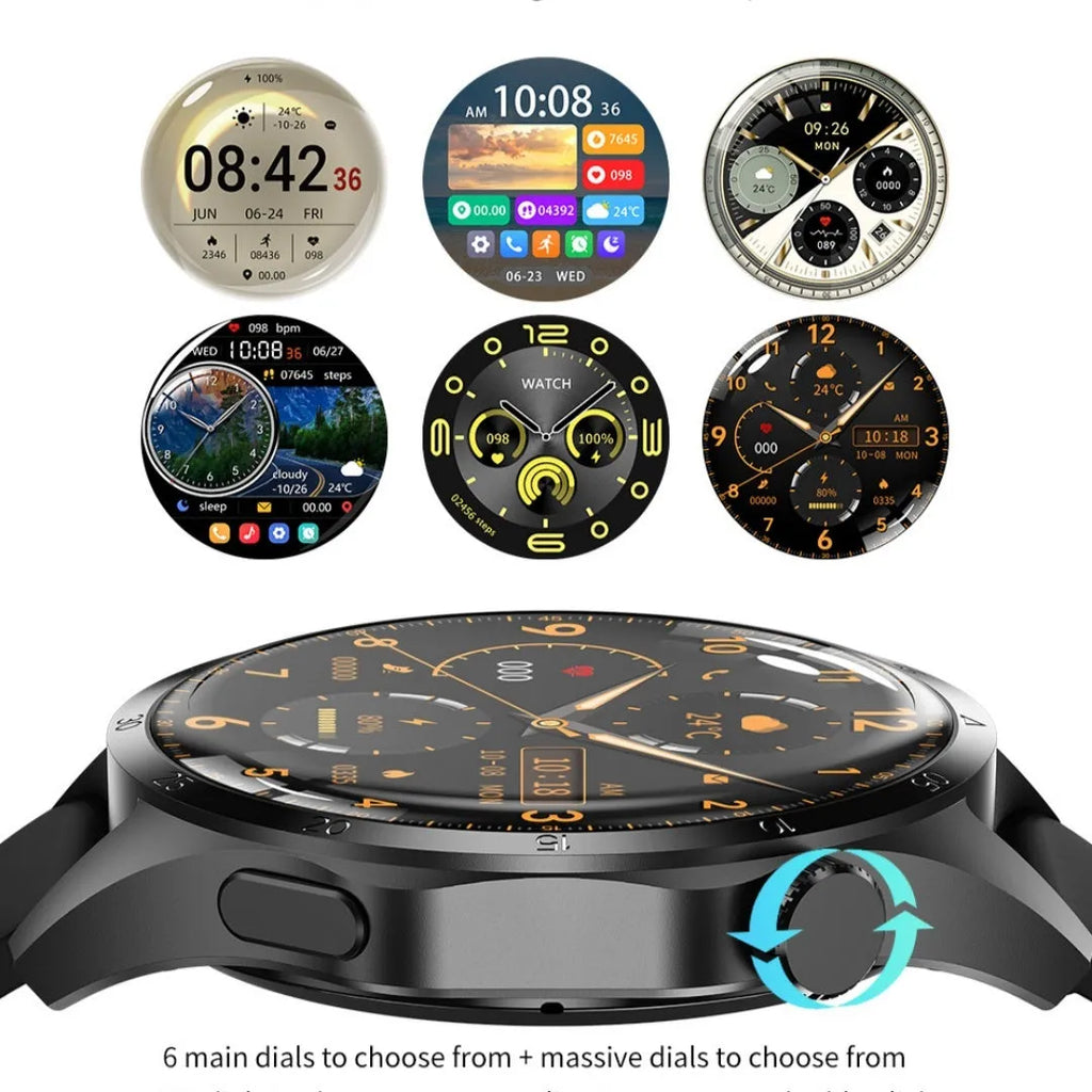 Black smartwatch with Bluetooth calling on a silicone strap, showing a TFT display with health metrics.