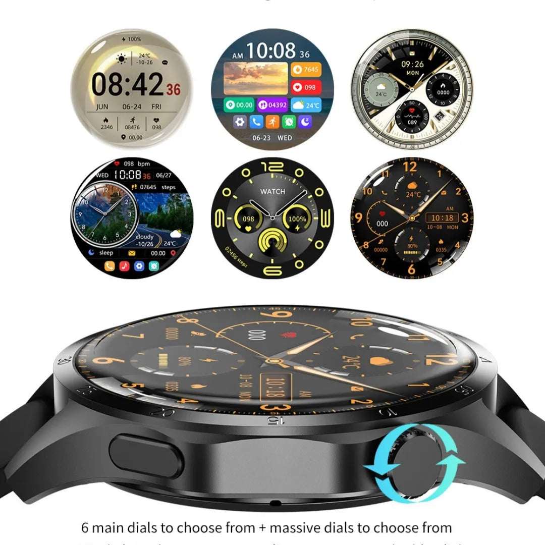 Black smartwatch with Bluetooth calling on a silicone strap, showing a TFT display with health metrics.