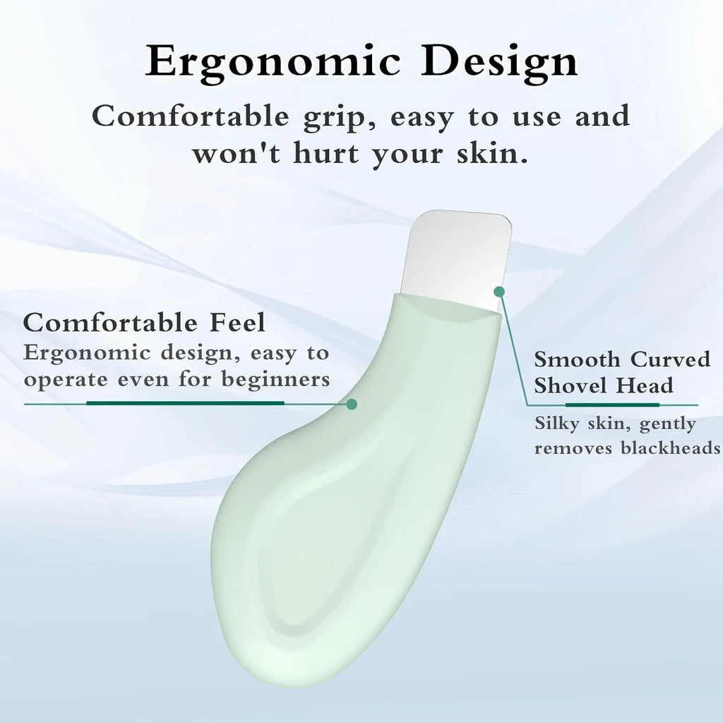 Green stainless steel facial pore scraper tool with a non-slip handle.