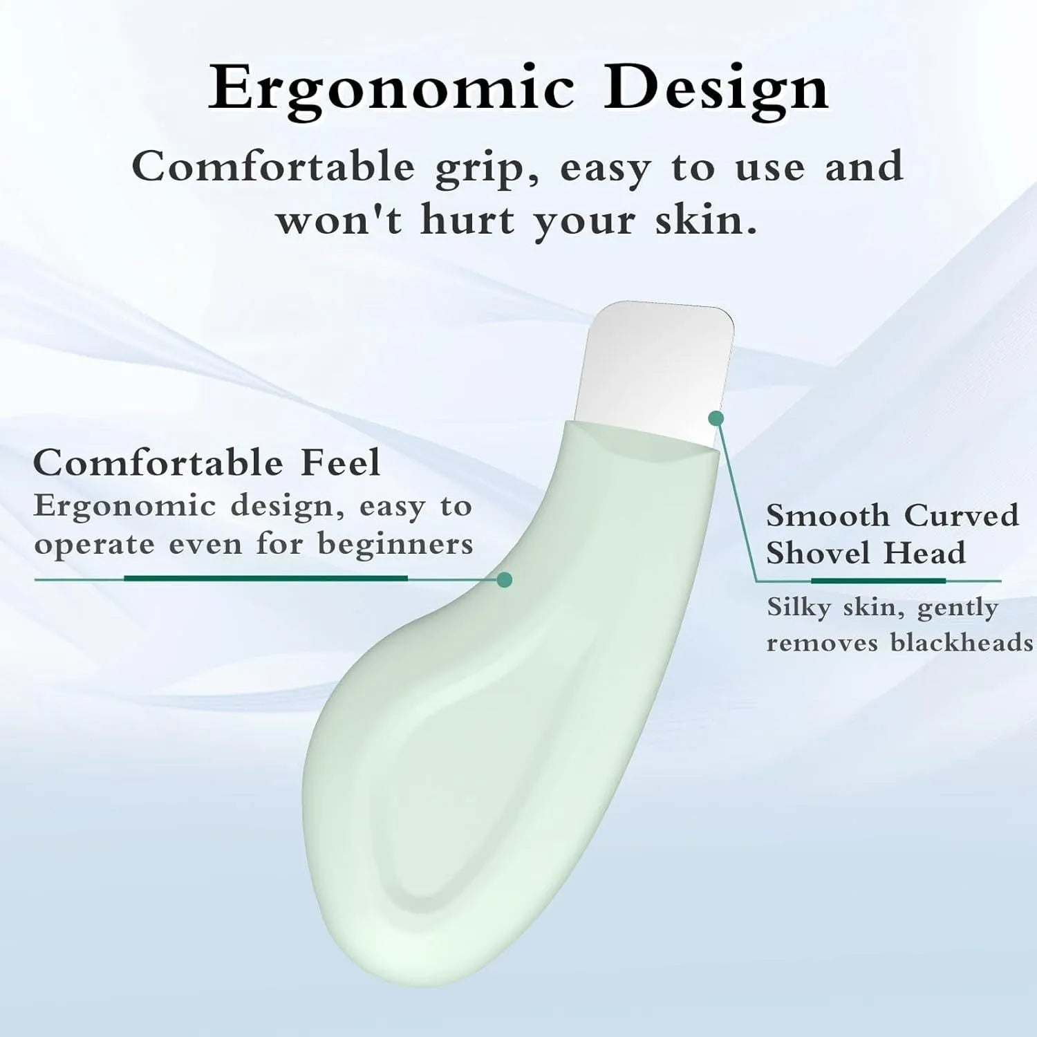 Green stainless steel facial pore scraper tool with a non-slip handle.
