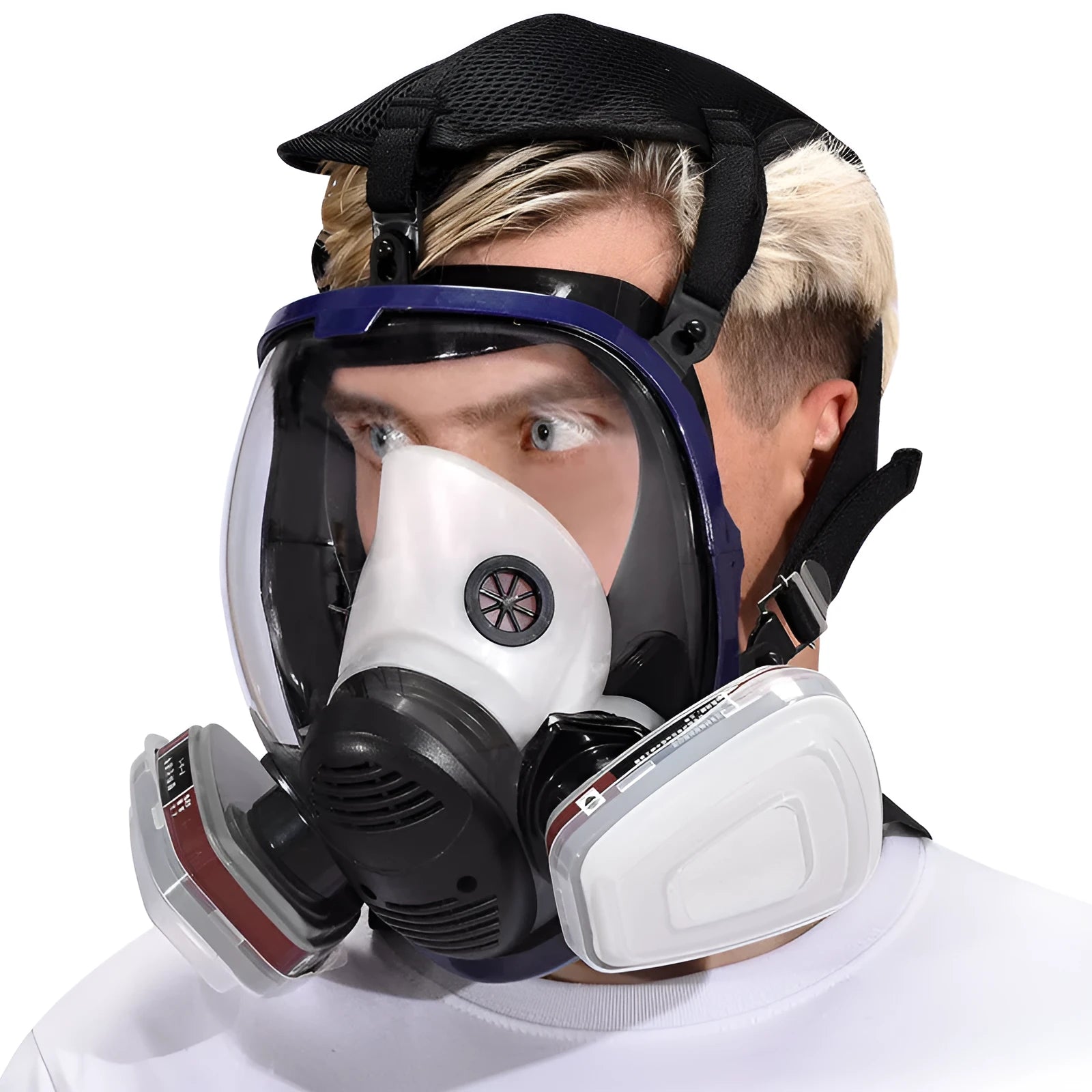 Blue edge spherical full face gas mask with trapezoidal canister for KN95 protection