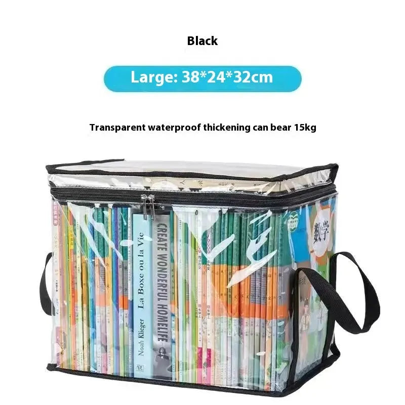 Large white foldable PVC storage bag with a transparent panel, shown next to magazines.