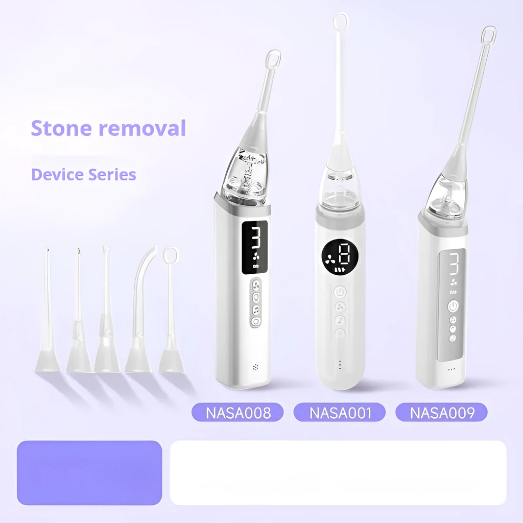 Milky white tonsil stone remover oral cleaning tool with built-in light on a white background.