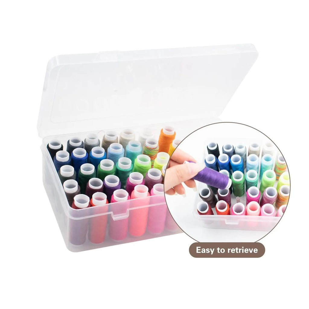 42-compartment plastic storage box for embroidery thread organisation in transparent, pink, or blue colours