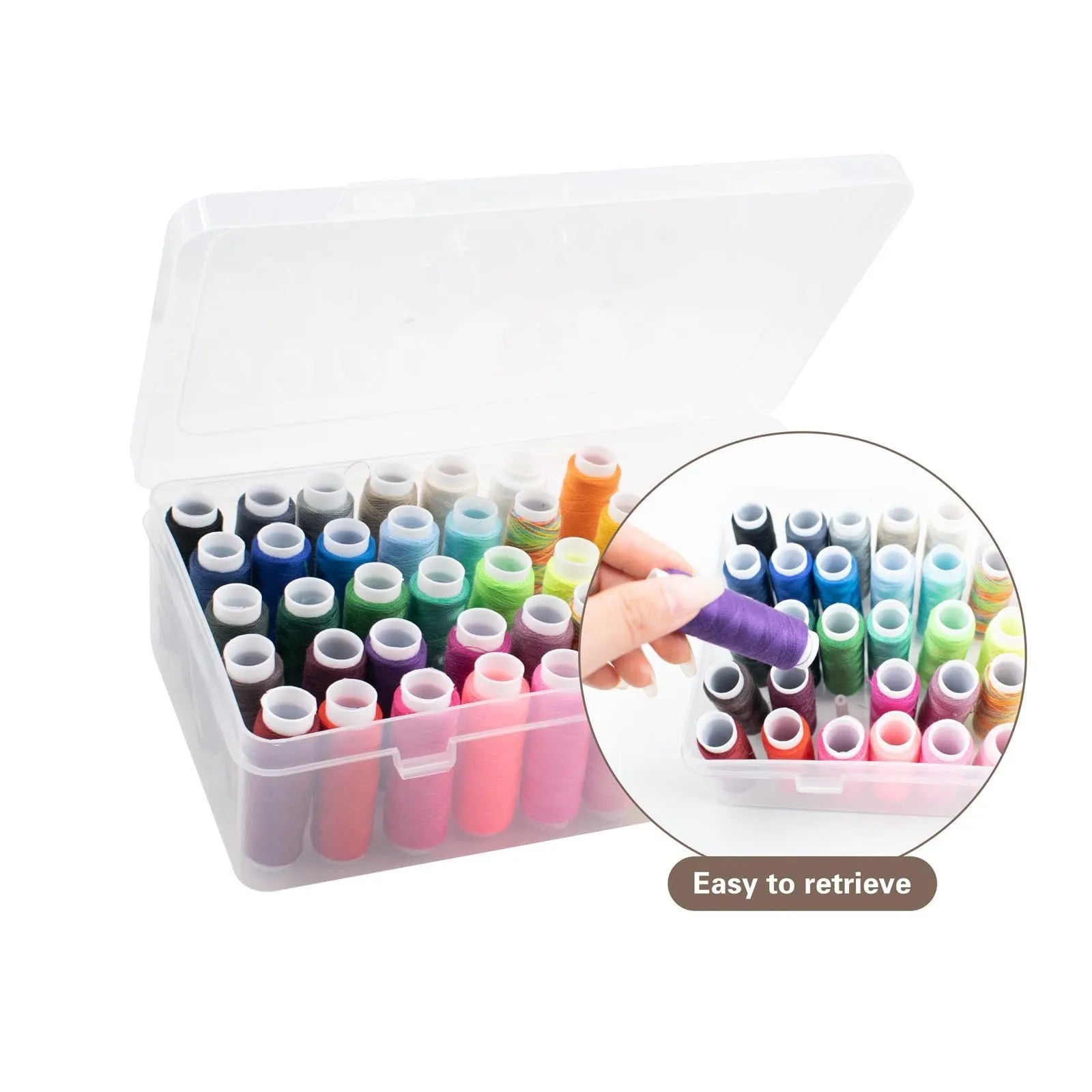 42-compartment plastic storage box for embroidery thread organisation in transparent, pink, or blue colours