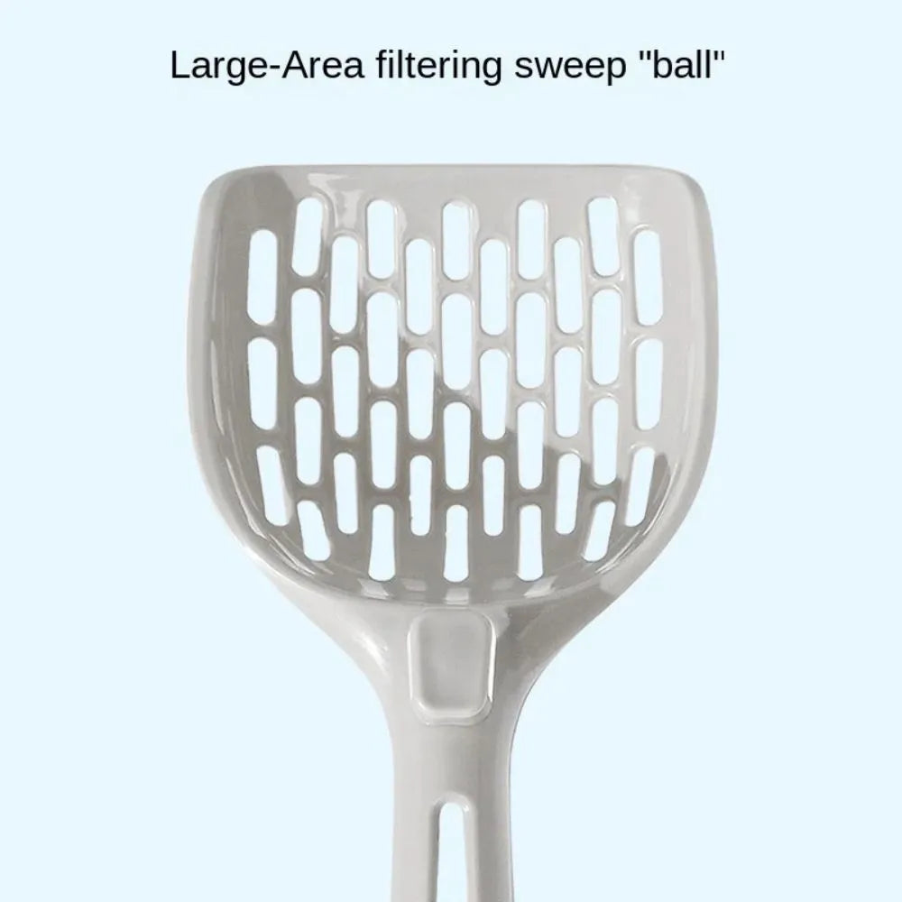 Grey plastic cat litter scoop with a built-in waste-catching base on a white background.