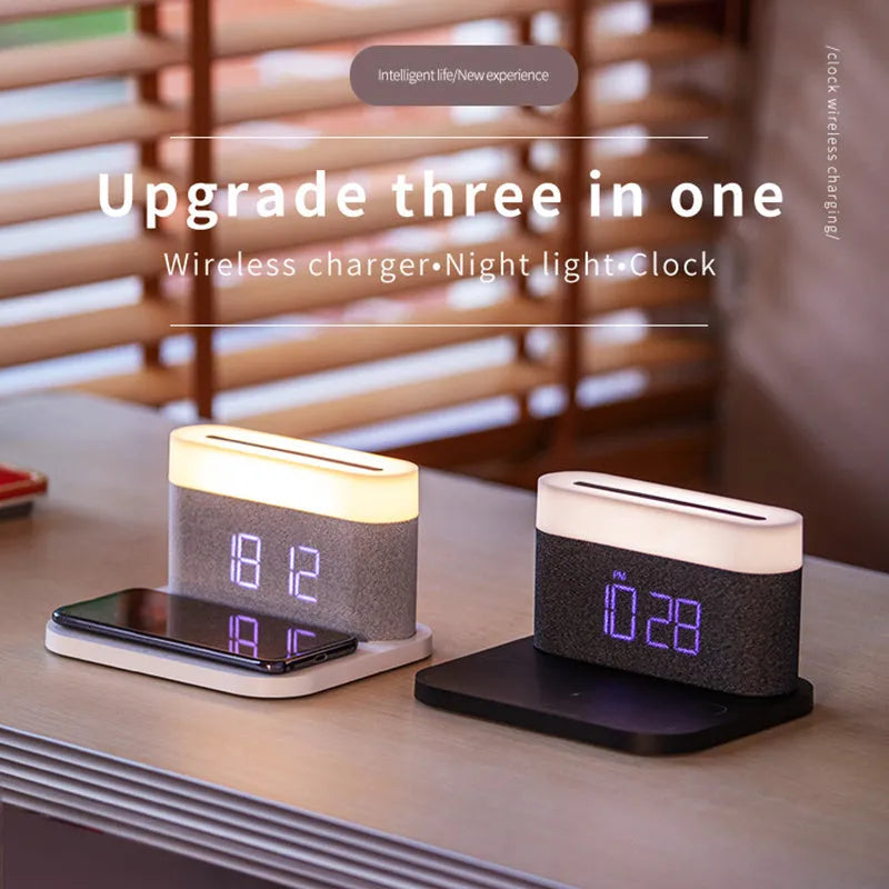 Wireless charger desktop clock night light table lamp in black or white with glass construction