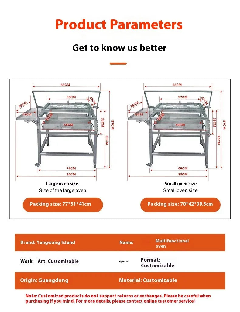 Large foldable and detachable charcoal BBQ grill oven set up in an outdoor courtyard setting.