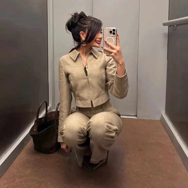 Women's summer casual suit with 3D herringbone embroidery on jacket and straight-leg trousers