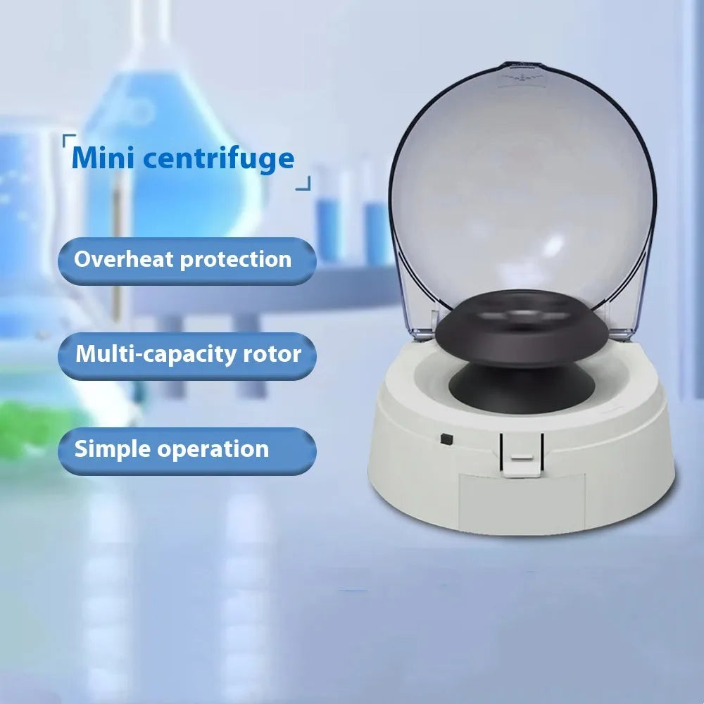 Small white mini centrifuge laboratory body with 7000 RPM specification and compact dimensions on a lab bench