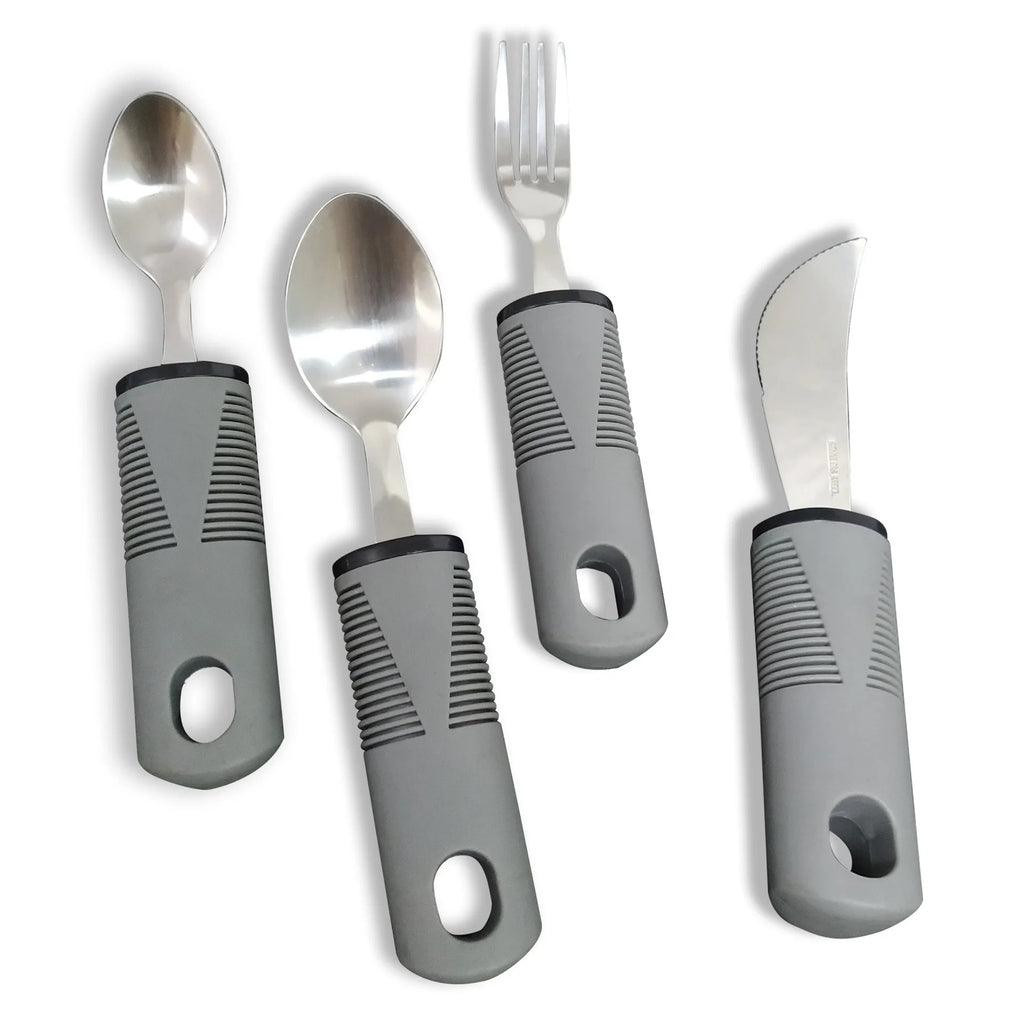 Stainless steel adaptive cutlery set with black rubber handles, showing a bendable spoon and fork.