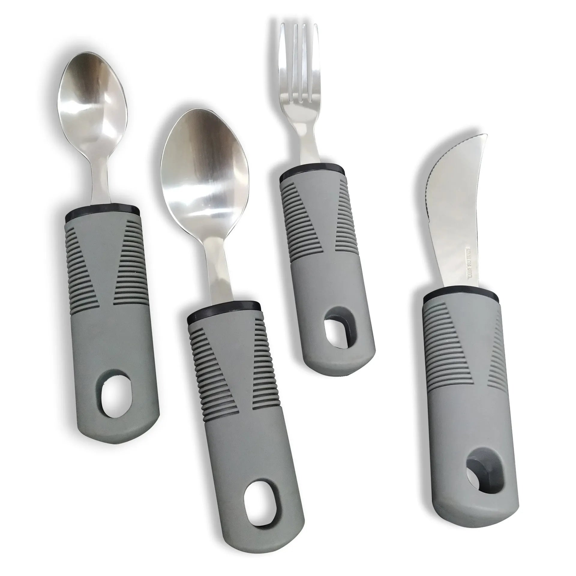 Stainless steel adaptive cutlery set with black rubber handles, showing a bendable spoon and fork.