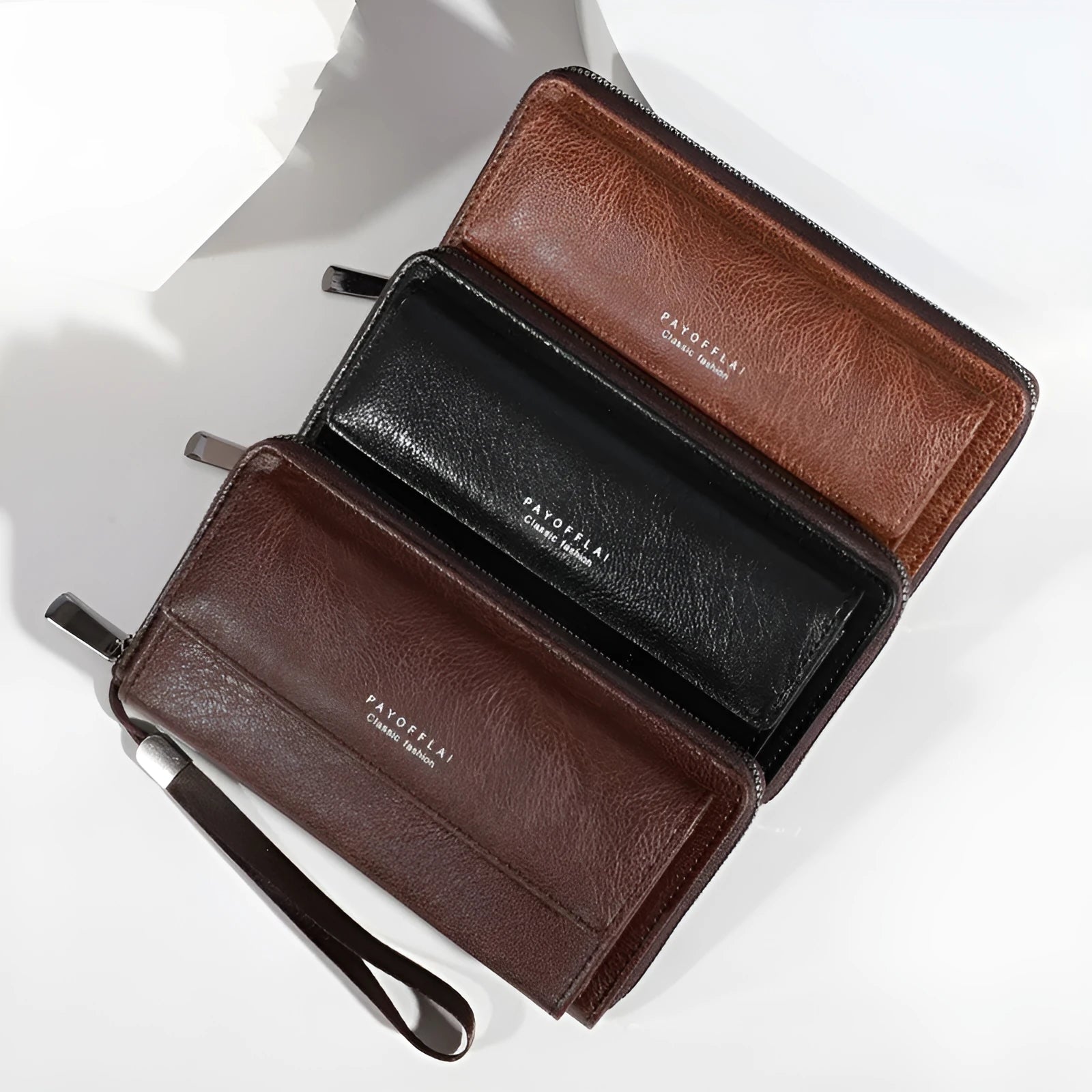 Men's black PU leather wallet with multiple card slots showing interior organisation