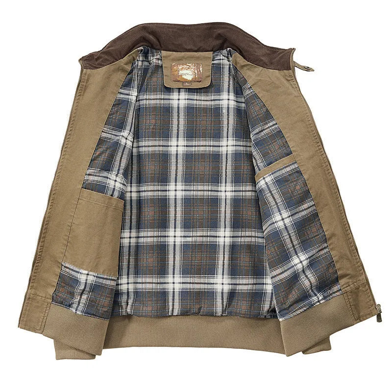 Men's plus size washed cotton baseball-style flight jacket in army green.