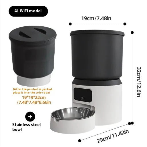 4L smart pet feeder with Wi-Fi and camera on floor next to cat, showing mobile app control interface.