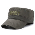 Men's flat-top peaked cotton cap in army green with adjustable strap and English lettering.