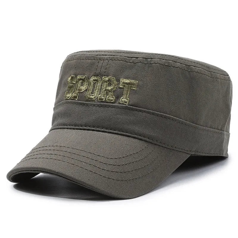 Men's flat-top peaked cotton cap in army green with adjustable strap and English lettering.