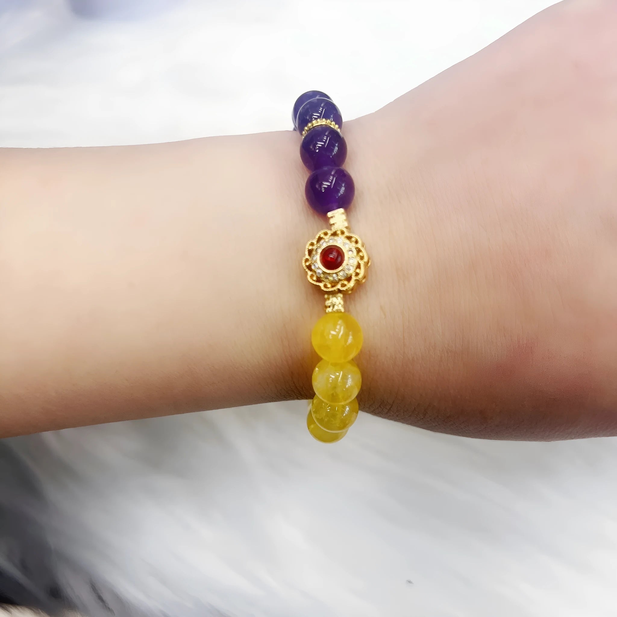 Handmade yellow and purple women's crystal bracelet with amethyst stones
