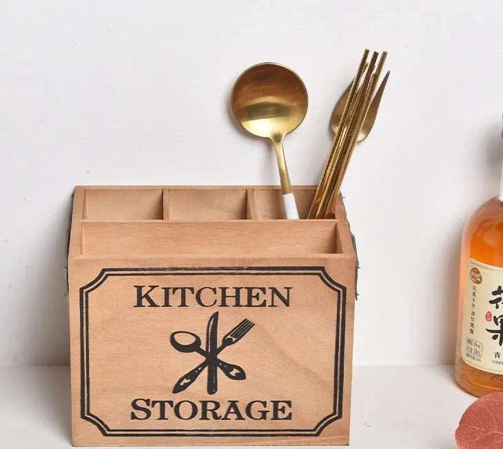 Wooden kitchen storage box with grid dividers for knife fork and chopstick organisation