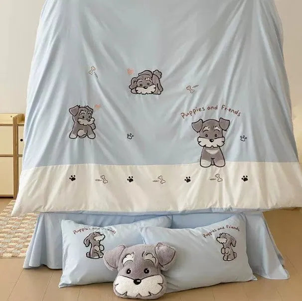 Cute Schnauzer dog pattern on a complete cotton bedding set with embroidery details