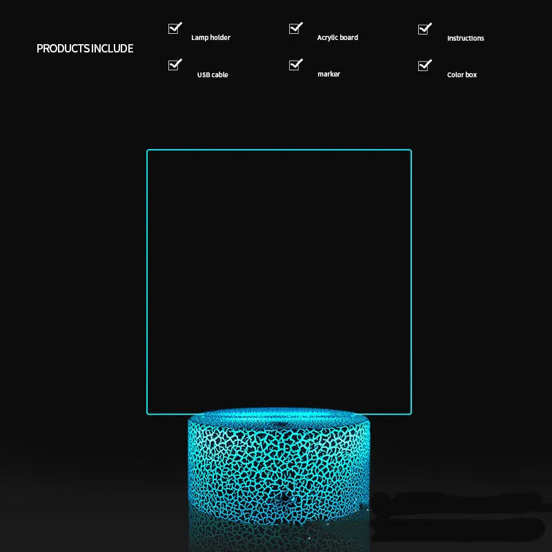 3D acrylic message board lamp with black crack base displaying handwritten text and glowing with multi-colour LED light
