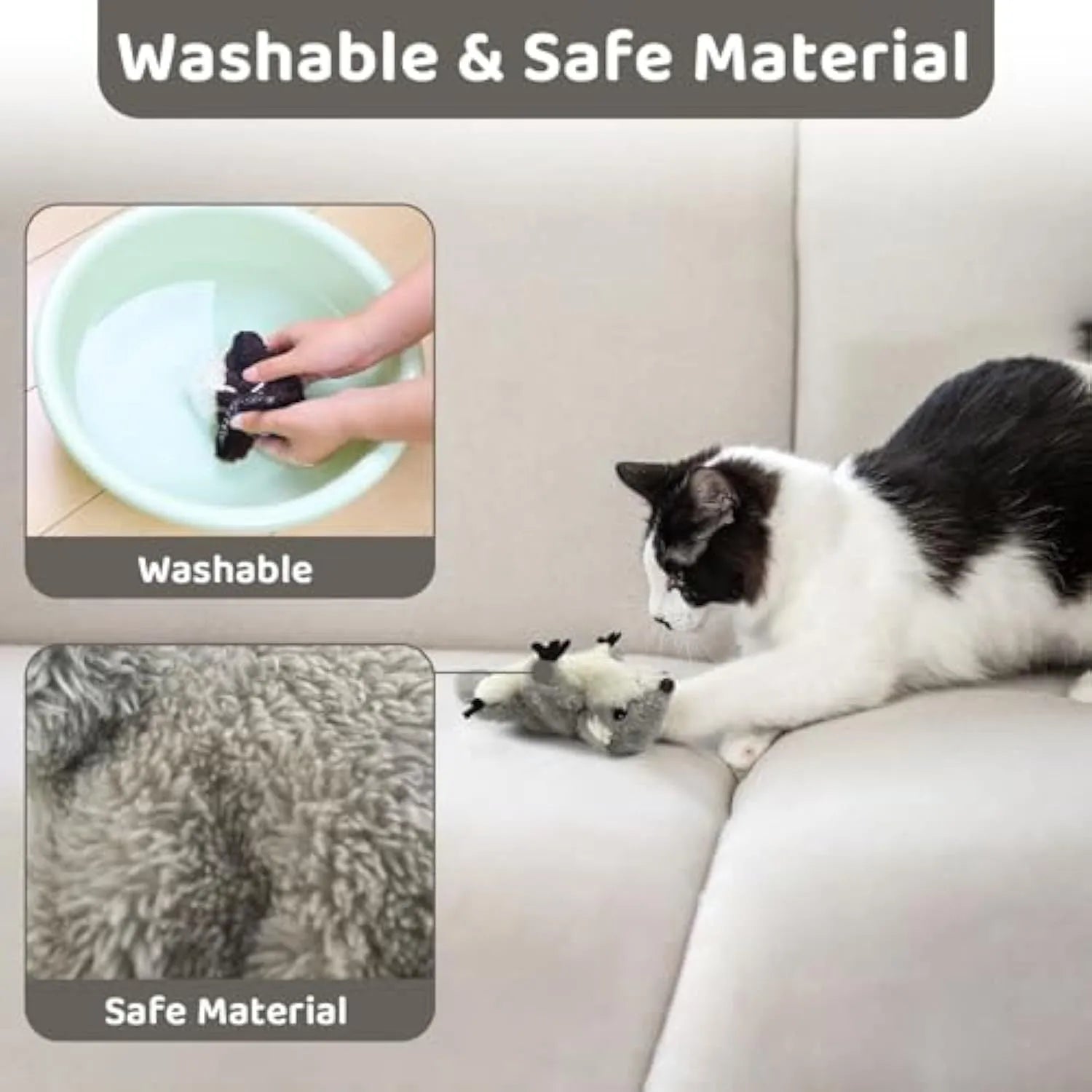Grey flapping squirrel cat toy with motion sensor, USB charging port, and soft plush material