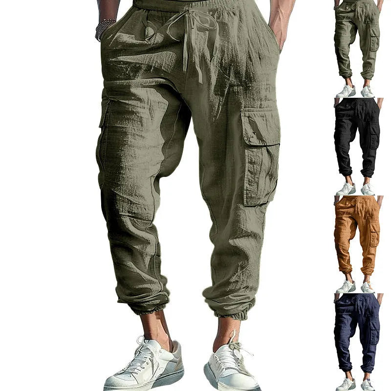 Men's casual linen trousers with ankle-tied cuffs and multi-pocket design in solid colour