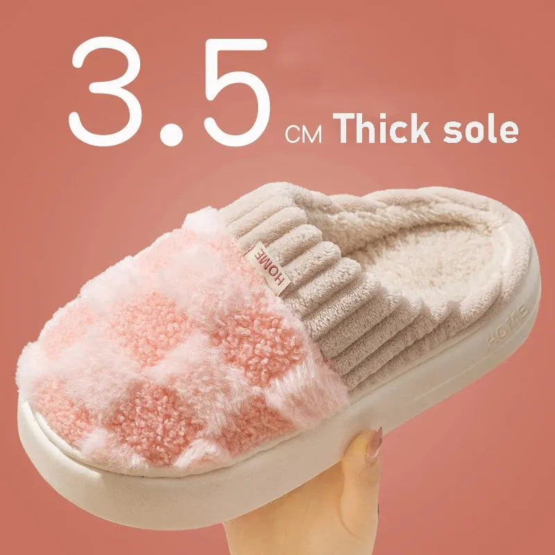 Women's plaid patterned plush slippers with coral velvet upper and non-slip PVC sole in coffee colour.