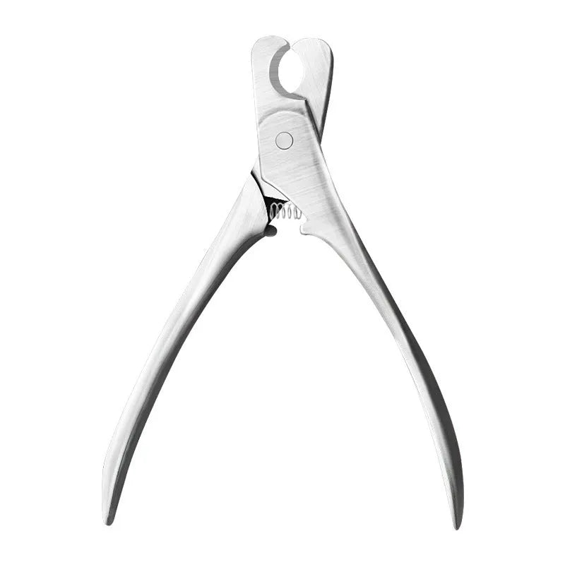 Silver stainless steel professional pet nail clipper with safety guard and finger grips.