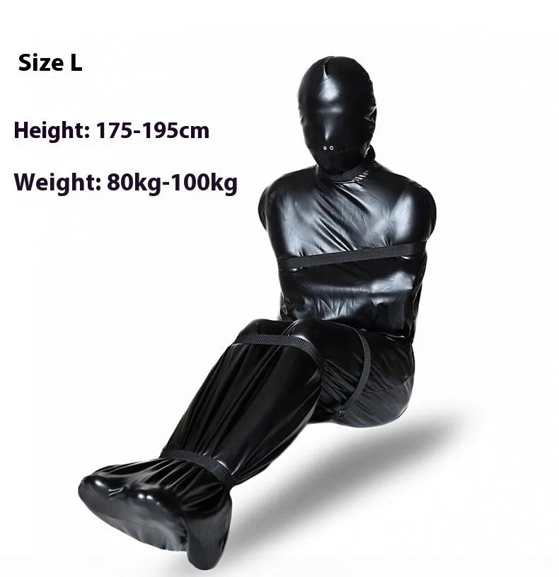 Black patent leather bondage set showing nostril clothing piece and six ratchet tie down straps