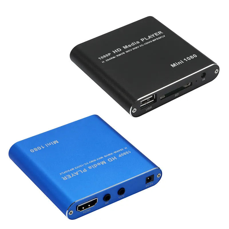 1080P Full HD media player in black or blue with HDMI, SD, USB and HDD ports