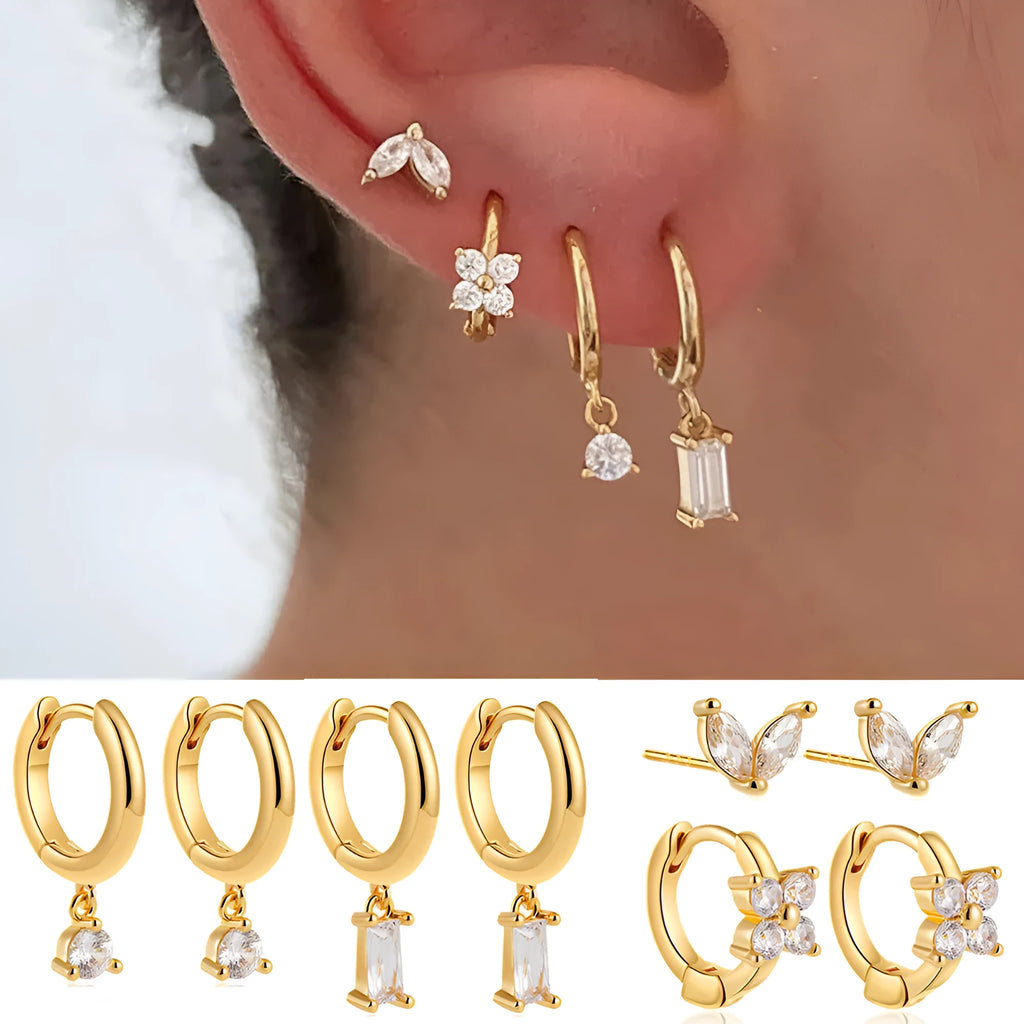 Four geometric copper earrings with zircon stones in gold or silver electroplated finish