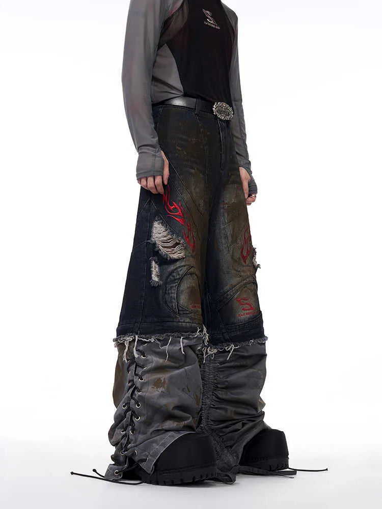 Men's retro jeans with detachable legs showing wide leg loose fit and mid-high waist