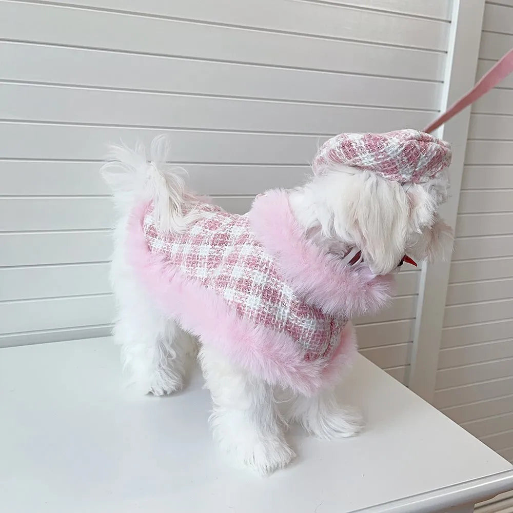 Pink polyester cat costume with beret, cloak featuring hand-holding rope design, and a drawstring for traction.