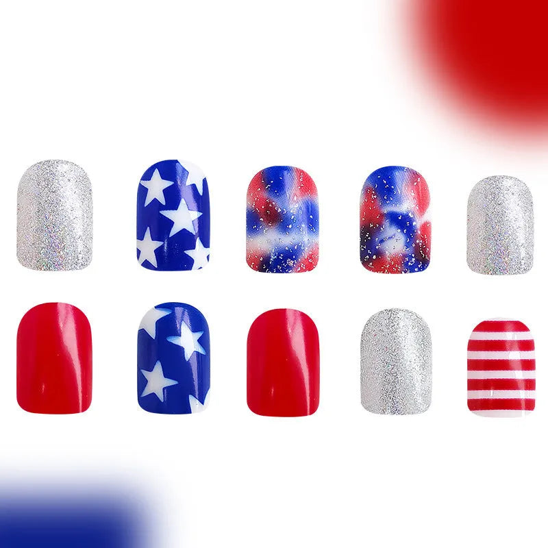 Finished American five-pointed star Independence Day combination false nails with European Square short shapes