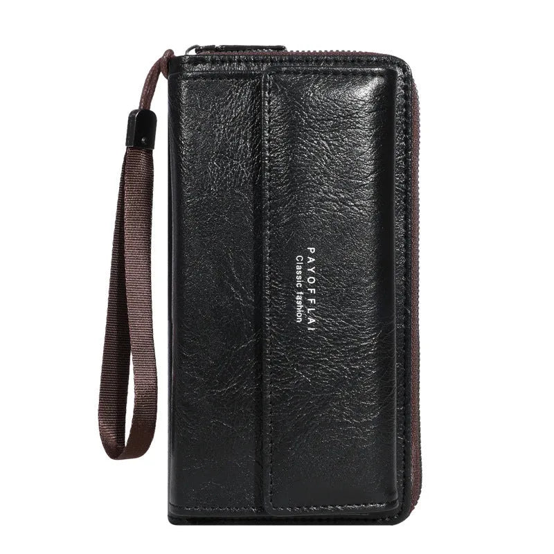 Men's black PU leather wallet with multiple card slots showing interior organisation