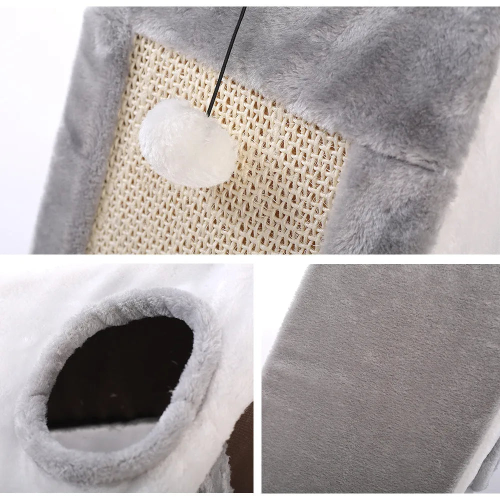 Triangular cat bed with fur covering in gray white or light brown beige colors featuring a scratching surface