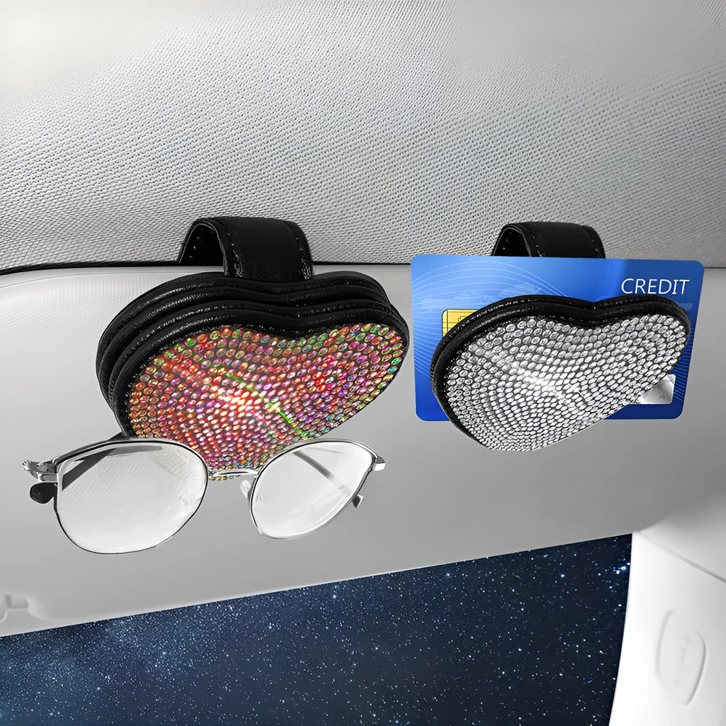 Diamond decorated PU leather magnetic clip for car sun visor holding sunglasses.