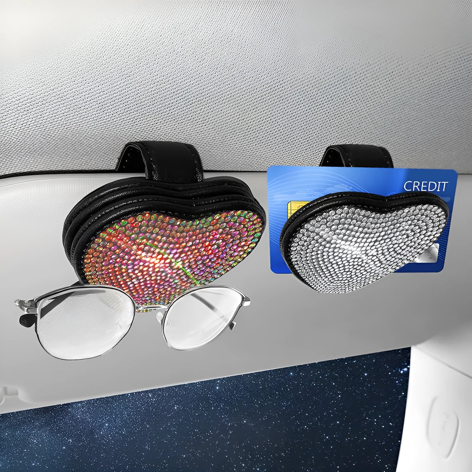 Diamond decorated PU leather magnetic clip for car sun visor holding sunglasses.
