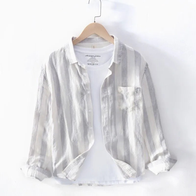 Men's loose fit Hong Kong style shirt in blue with long sleeves for spring and summer