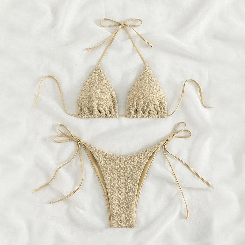 Women's high waist bikini swimsuit with lace-up detail in black, blue, khaki, or pink colours