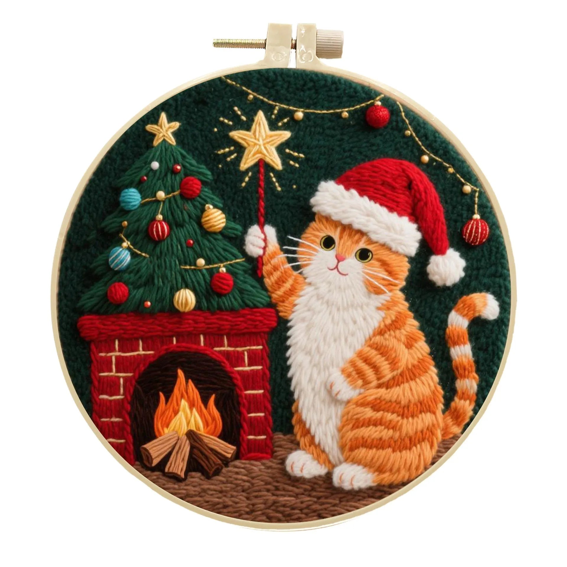 Embroidery material kit with cotton linen fabric featuring autumn fruit design, imitation bamboo hoop, and scissors.