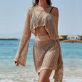 Khaki women's sun protection suit with bell sleeves and hollow out design, showing top and skirt