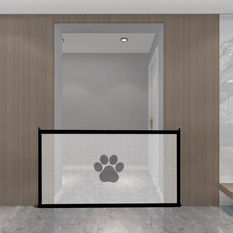 Folding dog barrier with black dog footprints, standing in doorway with plastic support rods