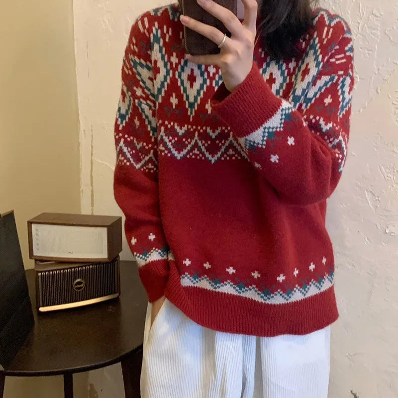 Women's loose retro striped pullover knitted top in polyester with long sleeves