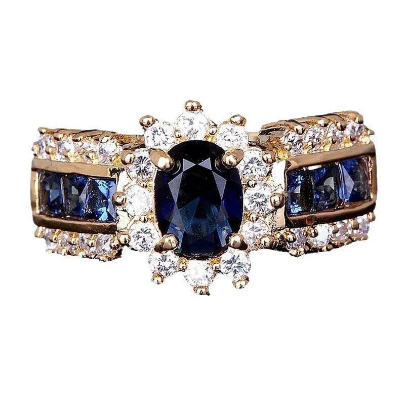 Zinc alloy fashion ring with blue diamond or purple zircon stone, shown in sizes 6 to 11.
