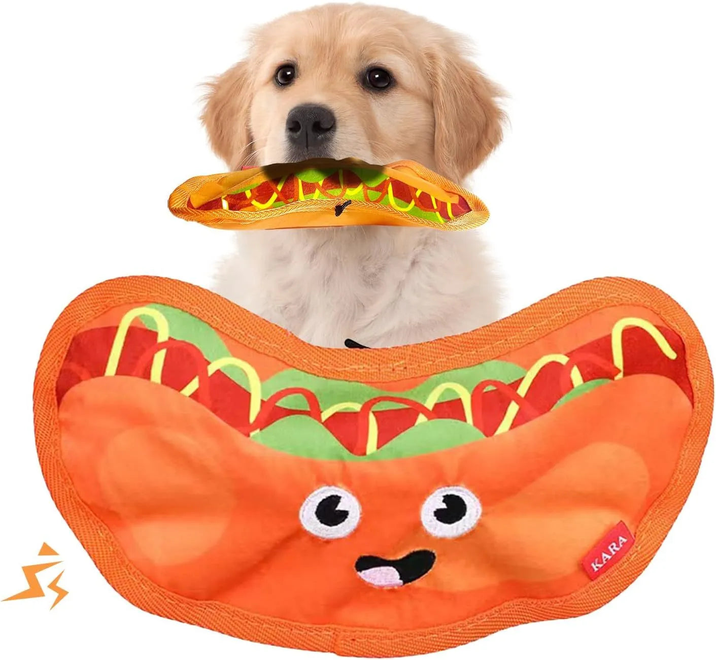 Food shaped dog chew toys with crinkle and squeak sounds including hamburger, pizza, hot dog and fries designs