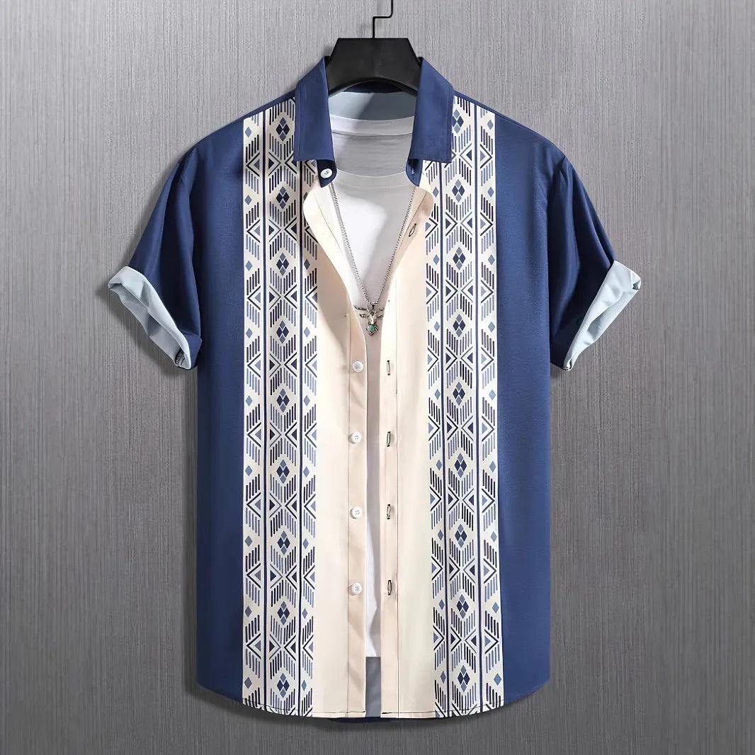 Man wearing a loose-fit plaid lapel cardigan shirt in polyester fabric for summer.