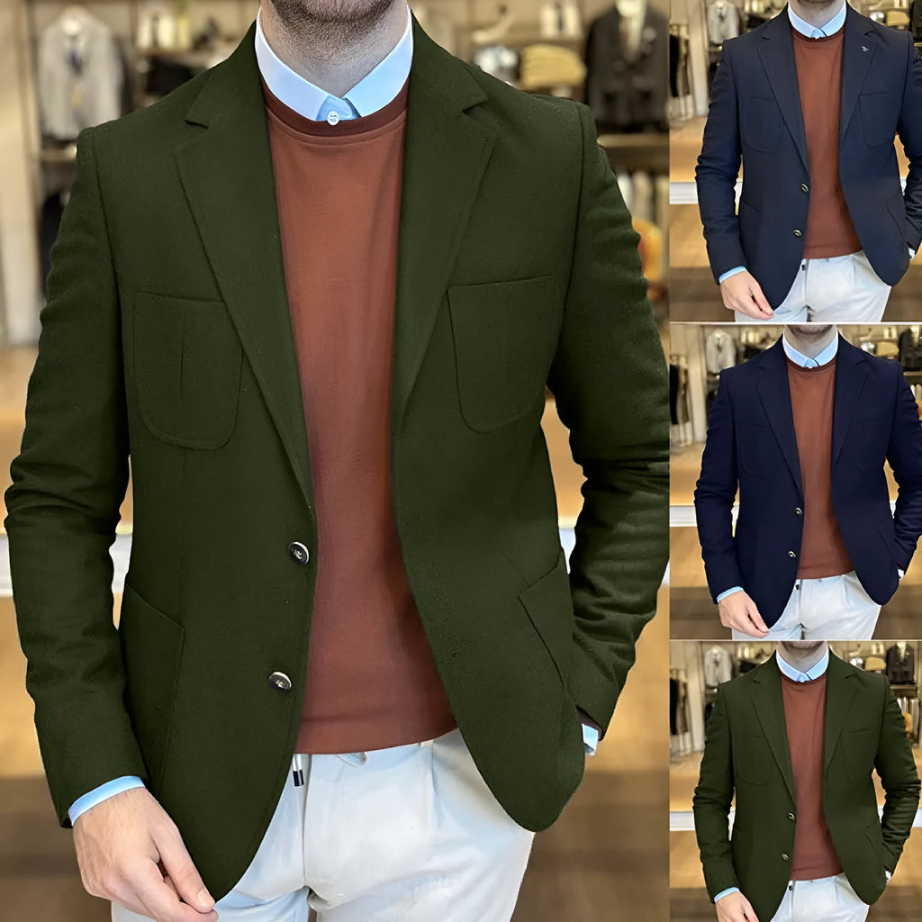 Men's loose fit cotton casual suit in a solid colour with retro styling, shown in Army Green.