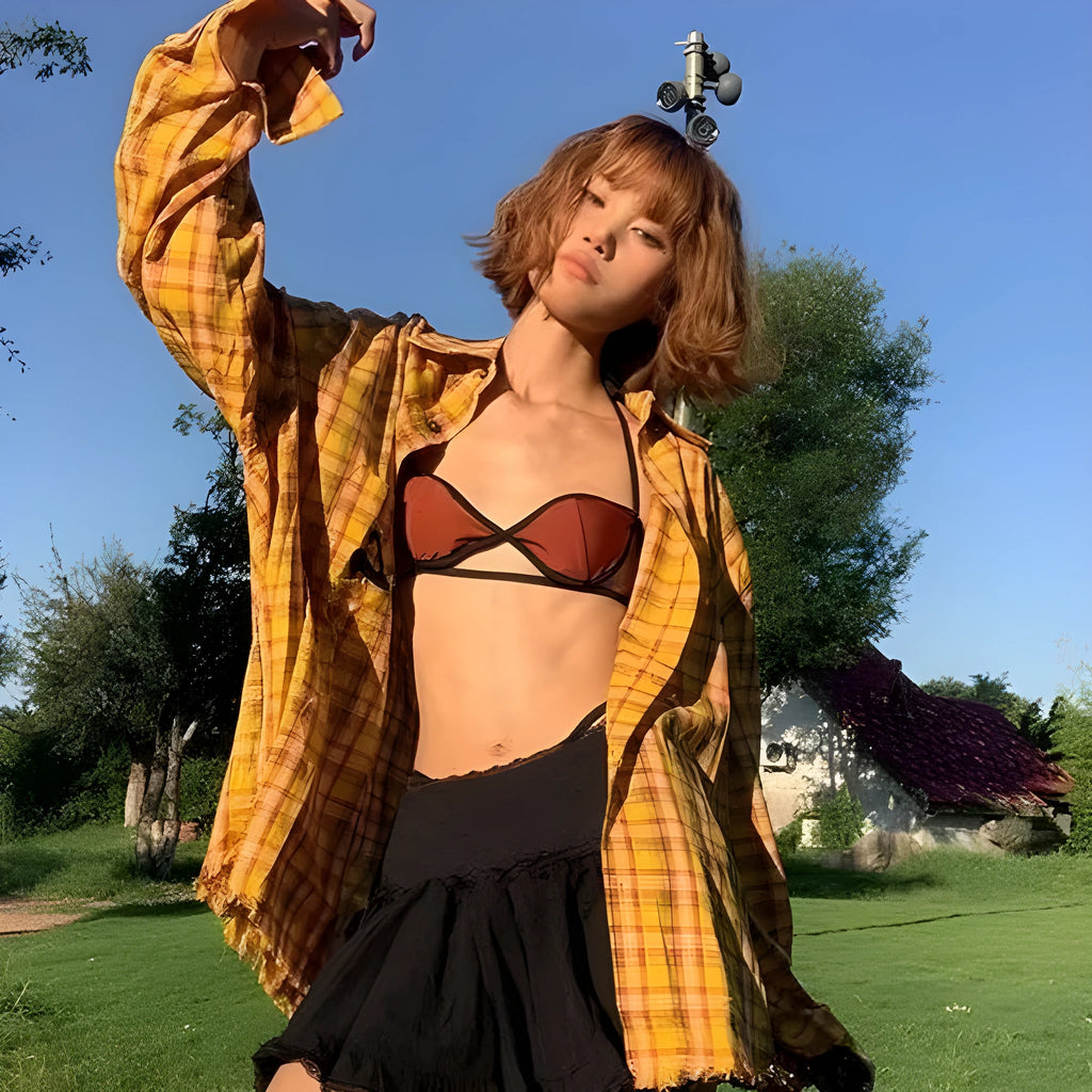 Dopamine yellow plaid loose cardigan shirt for men and women on hanger